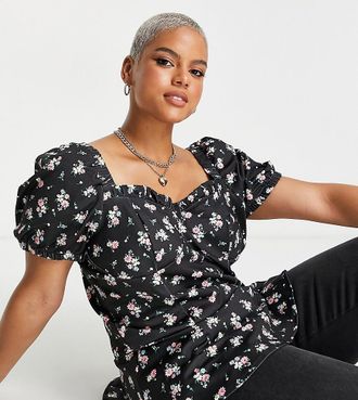 Simply Be Korsettop met hartvormige halslijn, ruches aan de zoom en bloemenprint in zwart