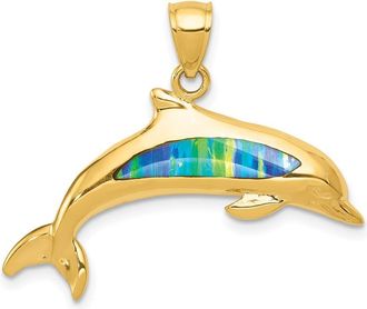 Diamond2Deal 14k Yellow Gold Lab Created Opal Dolphin Pendant