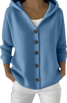 Generic Jumper for Women Button Down Cozy Hooded Knitted Cardigan Autumn Winter Plain Outerwear (Blue, XL)