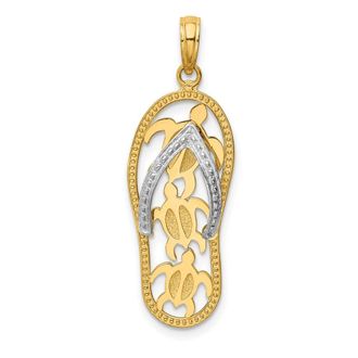 Diamond2Deal 14k Two-tone Gold Triple Sea Turtle Flip-Flop Pendant