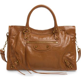 Balenciaga Medium Le City Crinkled Leather Tote in 2630 Camel at Nordstrom