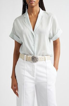 Eleventy Stripe Cotton & Silk Camp Shirt in Jade at Nordstrom, Size 00 Us