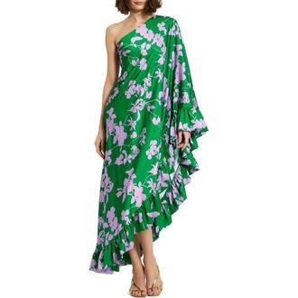 Mac Duggal Floral Charmeuse One Shoulder Draped Gown in Green Multi at Nordstrom, Size X-Large