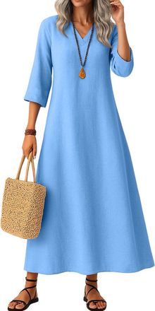 Generic 3/4 Sleeve Linen Dress for Women Casual Summer Cotton Solid Color V Neck Flowy Dress Loose Fit Boho Maxi Dresses Blue