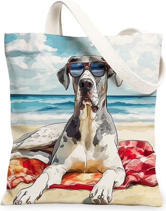 Generic Summer Bulldog Dog Canvas Tote Bag for Shopping 13x15, Watercolor Beach Coastal Puppy Reusable Grocery Print Bag for Women, Beachy Pet Beach Aesthetic