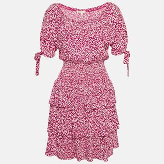 Maje Red Animal Printed Crepe Tiered Off-Shoulder Mini Dress