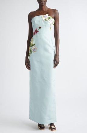 Oscar De La Renta Mixed Botanical Strapless Silk Faille Gown in Saltwater at Nordstrom, Size 10