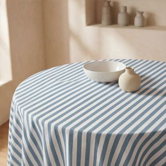 Muare Home Mantel redondo antimanchas 100% algod&oacute;n azul y blanco di&aacute;metro 190 cm