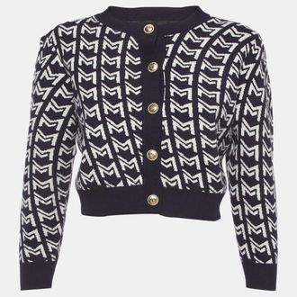 Maje Blue Monogram Stretch Knit Crop Cardigan