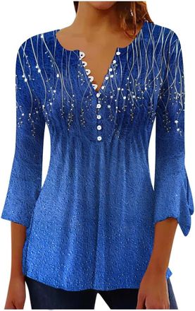 Generic Casual T Shirts Long Sleeve Tops Womens Blouse Fit 3/4 Length Sleeve Womens Tops Casual Button Up V Neck Tunic Shirts Floral Print Ruched Flowy Spring