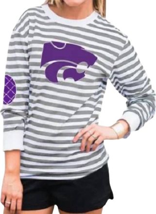 Gameday Couture Kansas State University Striped Elbow Patch Tee In White/grey