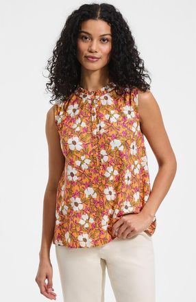Lands End Linen Blend Ruffle Trim Tank Top in Sweet Mango Floral Blossom at Nordstrom, Size X-Small