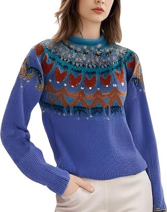 Generic Fair Isle Jumper Fair Isle Sweater Women, Long Sleeves Icelandic Vintage Print Retro Soft Warm Casual Elegant Autumn Winter Holiday Crew Neck Comforta