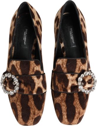 Dolce & Gabbana Womens Leopard Print Crystal-Embellished Loafer Brown Cotton Viscose