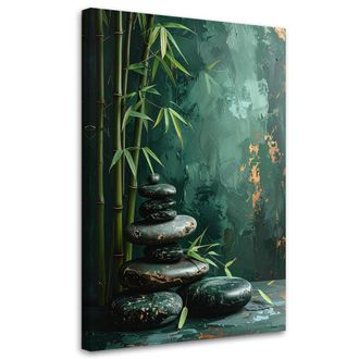 Feeby Cuadro En Lienzo, Piedras Zen Spa Hojas De Bamb&uacute; En Verde, 80x120