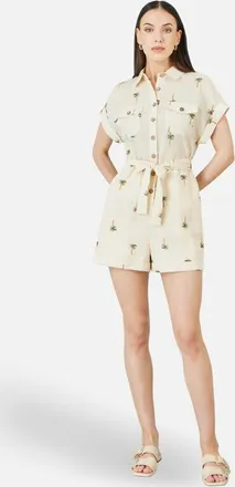 Yumi Embroidered Palm Print Cotton Playsuit in Beige at Nordstrom, Size X-Large