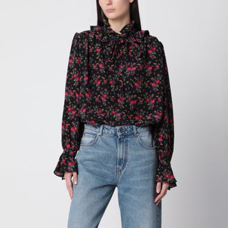 Chlo&eacute; Black ruffled blouse in floral-print silk
