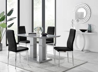 Furniturebox Imperia Grey High Gloss 4 Seater Dining Table with Structural 2 Plinth Column Legs 4 Soft Velvet Silver Leg Milan Chairs in Black