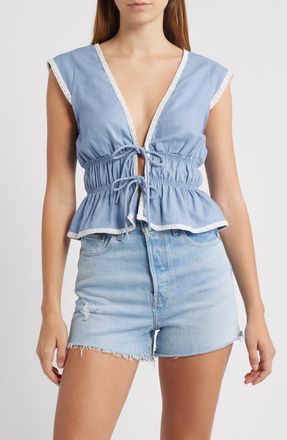 Wayf Clara Tie Front Linen Blend Top in Chambray Blue at Nordstrom, Size X-Large