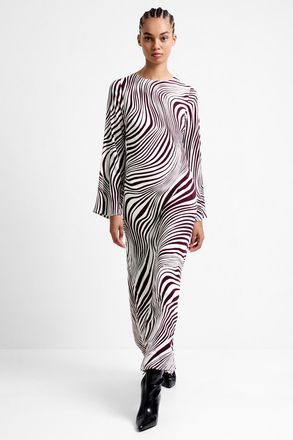 French Connection Womens Red Wave Print Long Sleeve Round Neck Midi Dress - Size 18 UK