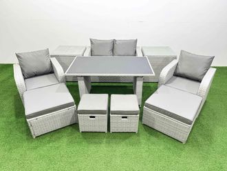 Fimous 8 Seater Patio Garden Furniture Sets with 2 Side Tables 4 Stools in Light Grey