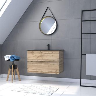 Aurlane Mueble Ba&ntilde;o Suspendido 80x54 - Acabado Roble + Lavabo Negro + Espejo
