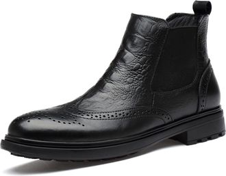 Generic Mens Chelsea Boots Elastic Bandage Carved Brogue Win Tip Crocodile Print Cowhide Leather Slip On Anti-slip Waterproof Wearable Non Classic Fashion(Bla