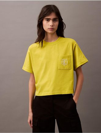 Calvin Klein Jeans Calvin Klein Womens Monogram Logo Crest Graphic Boxy T-Shirt - Yellow - XS