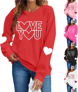 Generic Valentines Day Sweatshirts for Women UK Heart Print Relaxed Fit Round Neck Long Sleeve Tops Ladies Jumpers Soft Comfy Letter Printed Pullover Festive 
