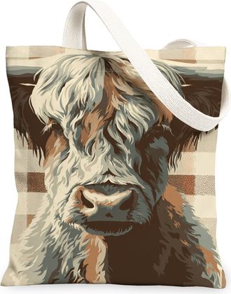 Generic Rustic Cow Print Canvas Tote Bags, Vintage Farm Animal Pattern Reusable Grocery Bags, Lightweight Washable Shoulder Strap C, Brown, 13x15 Inch