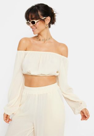 Lascana Carmenbluse LSCN BY LASCANA, Damen, Gr. 38, beige (creme), Cr&ecirc;pe, Obermaterial: 100% Viskose, unifarben, figurumspielend bauchfrei, Carmenausschnitt, 