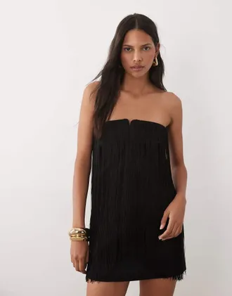 Mango Capsule - Vestito corto nero con spalle scoperte e nappe