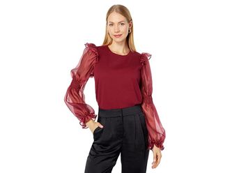 English Factory Organza Mixed Smocked Detail Long Sleeve Top Womens Blouse Wine : SM, Cotton/Polyester/Sheer