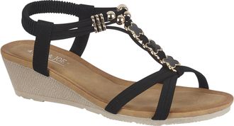 Jo & Joe Ladies Mid Heel Wedge Comfort Sandal with Glitzy Jewels and Elasticated Slingback Strap, Flexible sole sizes 4-8 (Black 4, UK Footwear Size System, Ad