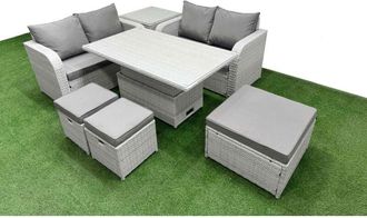 Fimous 7 Seater Outdoor Love Sofa Set Rattan Garden Furniture Set with Adjustable Lifting Dining or Coffee Table 3 Footstool Side Table Light Grey - Fimous