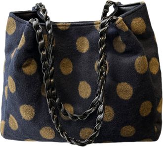 Generic Womens Retro Polka Dot Suede Tote Bag, Large Capacity Chain Shoulder Handbag for Daily & Work (Khaki polka dots)
