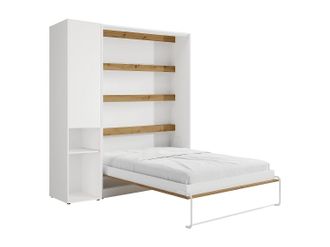 Vente-Unique Cama abatible vertical 140 x 200 cm - 1 columna de almacenamiento - Con LEDs - Blanco y natural - RAPILI