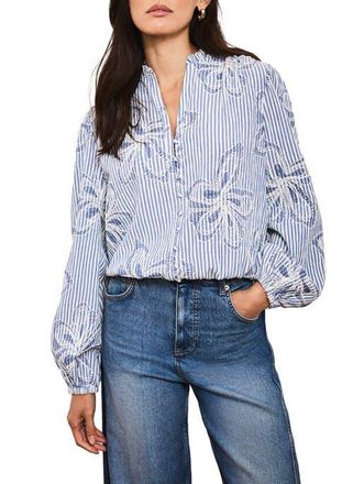 Mint Velvet Striped Embroidered Floral Blouse in Blue at Nordstrom, Size Large