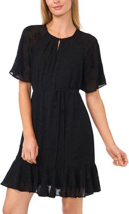 CeCe by Cynthia Steffe Flutter Sleeve Tie Waist Dress in Rich Black at Nordstrom, Size Medium
