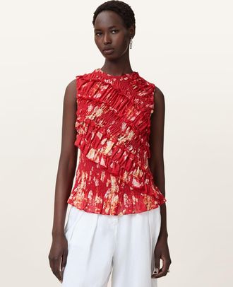 AllSaints Polyester Nysa Floral Print Ruffled Tank Top, Size: UK 14/US 10