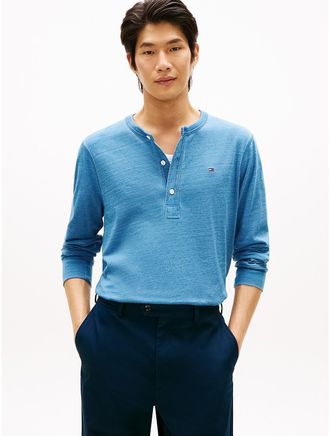 Tommy Hilfiger Mens Long-Sleeve Indigo-Dyed Henley T-Shirt - Blue - XXXL