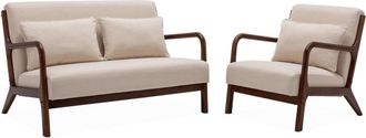 Sweeek Banco de 2 plazas + sill&oacute;n de tela beige, madera de hevea te&ntilde;ida