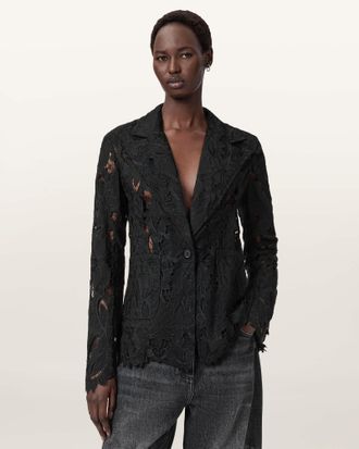 AllSaints Polyester Charli Relaxed Fit Embroidered Jacket, Size: UK 14/US 10