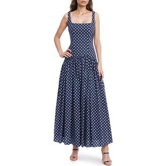 Badgley Mischka Polka Dot Drop Waist Cotton Maxi Dress in Midnight at Nordstrom, Size 10