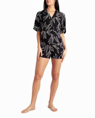 Nicole Miller Woven Shirt And Short Two-Piece Sleepwear Set In Black Leaf