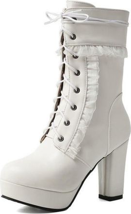 Generic Womens Lace-Up Ankle Boots with A 10 Cm Block Heel, Platform And Ruffle Trim - Elegant Round-Toe Ankle Boots for Autumn And Winter, Ideal for Outdoor 