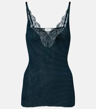 Saint Laurent Lace-trimmed ribbed-knit silk tank top