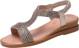 Generic Gold Women Gold Tone Rhinestone Sandals Flat Sole Round Toe Open Toe Elastic Strap for Casual Wear