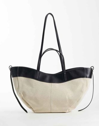 Gina Tricot Gina Tricot - Maxi borsa in tela bianco sporco e nero con finiture in pelle sintetica-Multi