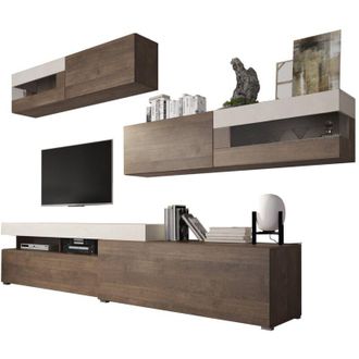 Dmora Parete Attrezzata Giacosa, Mobile Soggiorno Modulabile, 6 Ante, Apertura Battente, a Ribalta, Marrone Noce